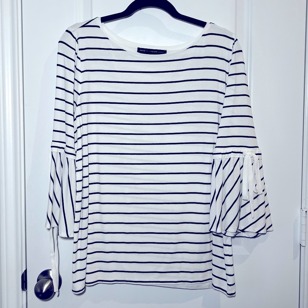 White House Black Market White and Navy Striped Tie-Sleeve Top